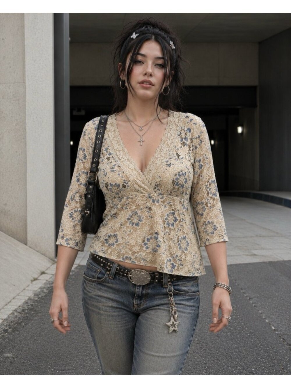 Vtg Floral Lace Top Womens Large Y2K 90's Fairy Whimsy Feminine Twee Romantic